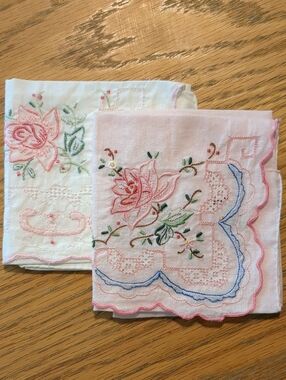 Set of Two Vintage Embroidered Handkerchiefs